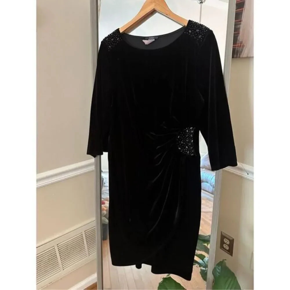 MSK Black Velvet Beaded Sheath Dress Size 10